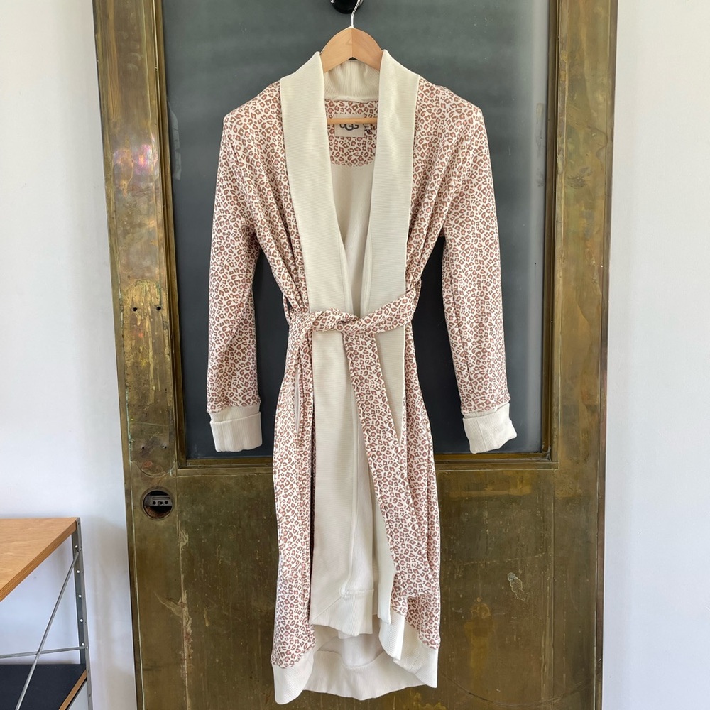 UGG Karoline Leopard Print Fleece Lined Belted Robe Cream Pink Small